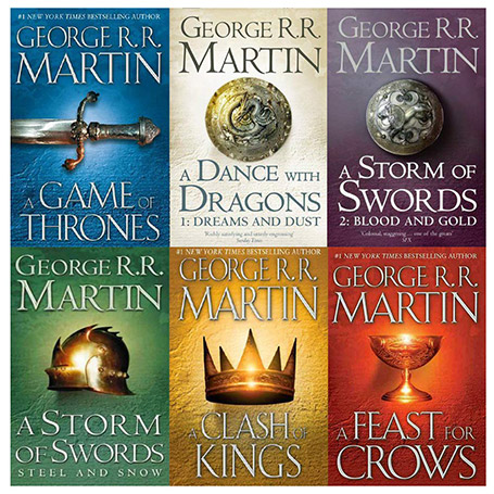نام پنج کتاب اول به ترتیب عبارتند از: بازی تاج و تخت (Game Of Thrones)، جنگ پادشاهان (Clash of Kings)، یورش شمشیرها (Storm of Swords)، ضیافتی برای کلاغ­ها (Feast for Crows) و رقصی با اژدهایان (Dance With Dragons).