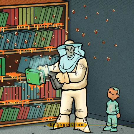 یک کندوی عسل در کتابخانه | کاریکاتور کتاب علیرضا پاکدل